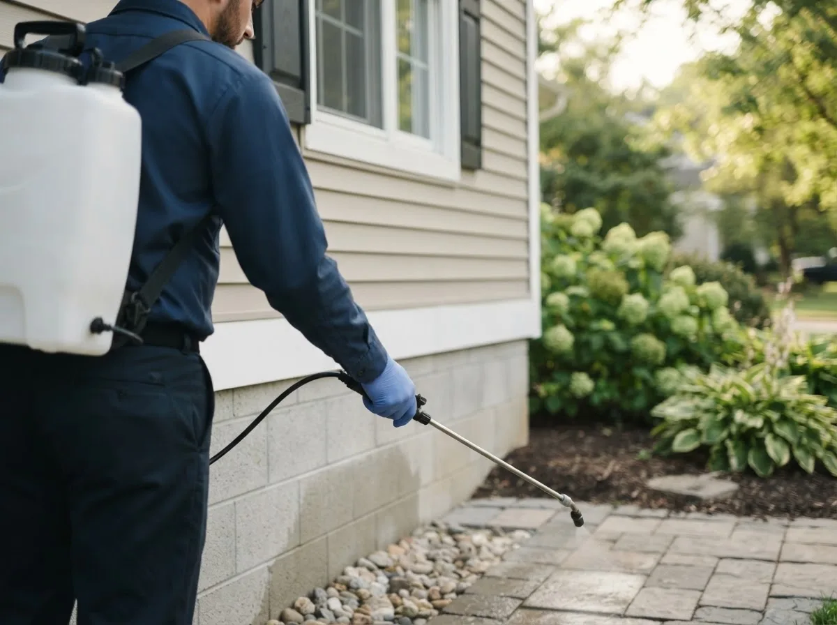 Pest control technician inspecting a home in Skyforest, CA